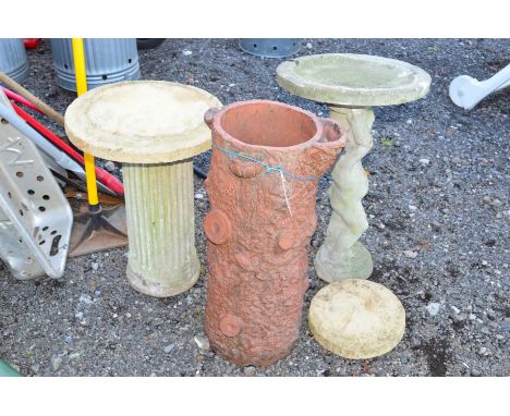 A COMPOSITE GARDEN FIGURAL BIRD BATH, column style pillar and a terracotta tree form planter (3)