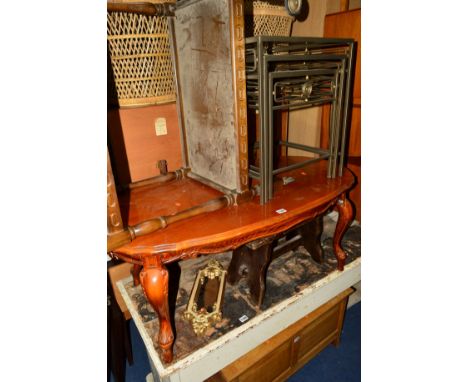 A MAHOGANY OVAL COFFEE TABLE, an oak tea trolley, an oak piano stool, a metal nest of three tables, an oak milking stool and 