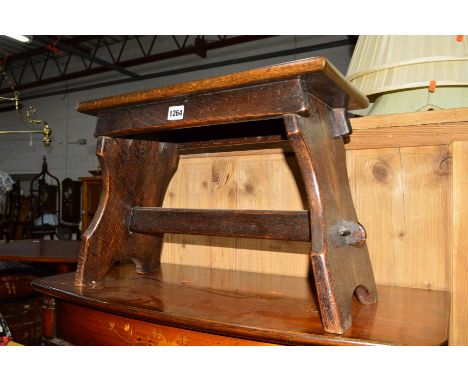 AN OAK STOOL on a stretchered base, a circular barometer marked Beddgelert Snowdonia, Victorian chair, another chair, tiffany