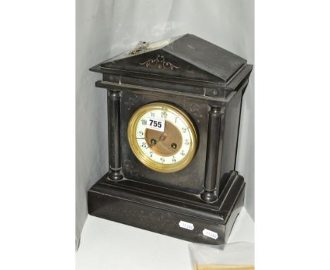 A LATE VICTORIAN BLACK SLATE MANTEL CLOCK OF ARCHITECTURAL FORM, enamel dial with Arabic numerals, gong strike (with pendulum