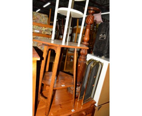 AN OAK OCTAGONAL OCCASIONAL TABLE, a torchere stand, brass fire screen, single chair and a painted occasional table (5)