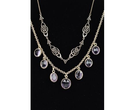 TWO NECKLACES, the first designed as seven graduated oval amethysts to a belcher link chain, length 480mm, the second a neckl