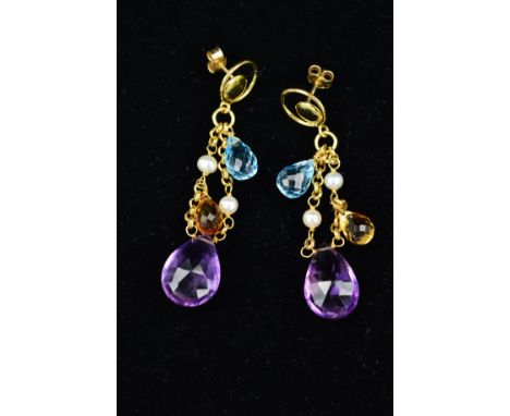 A MODERN PAIR OF MULTI GEMSTONE DROP EARRINGS, to include briolette cut blue topaz, citrine and amethyst stones and cultured 