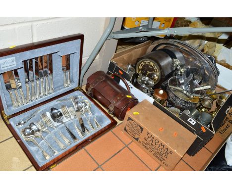 A P&B SHEFFIELD PLATED CANTEEN PART CUTLERY SET, a box of plated wares, mantel clock, two sets of green bowls (one in origina