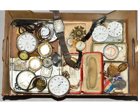 A SMALL BOX OF WATCHES, WATCH PARTS, MEDALS AND BADGES, to include a lady's J W Benson wristwatch with a 9ct gold head and le