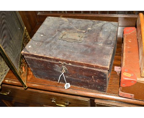A STAINED PINE BOX, a laundry box, brass fire screen, etc (5)