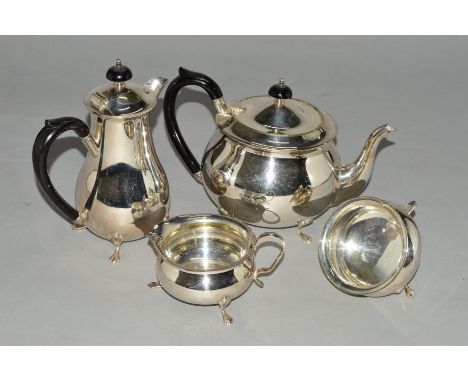 A SILVER PLATED FOUR PIECE TEA SET, of circular form, on cabriole legs (4)