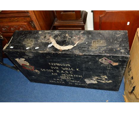 A LARGE WOODEN HANDMADE CAMPAIGN CHEST, with lots of history relating to the Military Service of a soldier named Ken Wall who