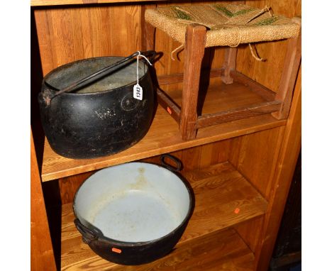 A VICTORIAN CAST IRON JAM PAN, a cooking pot and an oak stool (3)