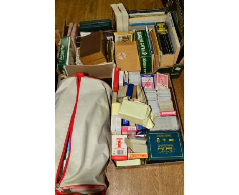 TWO BOXES OF PLAYING CARDS, books about playing bridge, etc and a bag of card games in folders (3)