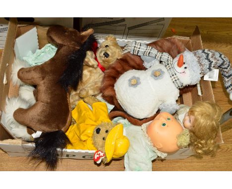 A BOX OF SOFT TOYS, including a Cabbage Patch Kid baby, modern Dean's bear, fur shawl, etc