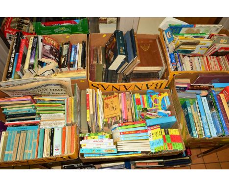 SIX BOXES OF BOOKS to include childrens books, Ordnance Survey maps, 'A Dog Day' by Walter Emanuel and pictures by Cecil Aldi