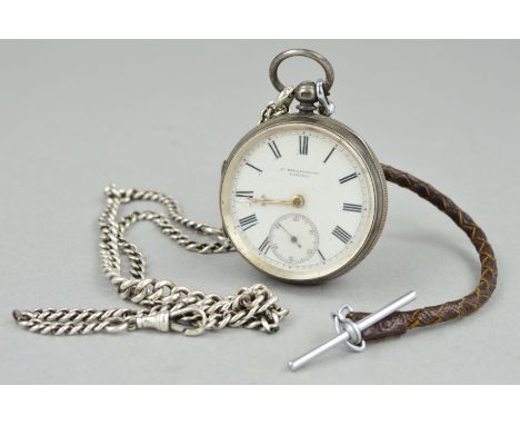 A LATE VICTORIAN SILVER POCKET WATCH AND ALBERT CHAIN, the J Millington pocket watch with white dial and Roman numeral hour m