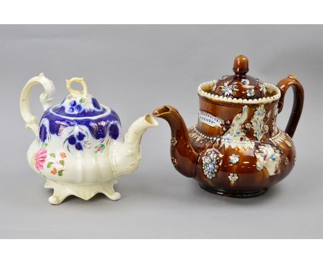 A MEASHAM BARGEWARE TEAPOT, treacle glazed with applied bird motifs, approximate height 25cm (chips to rim, reglued handle, c