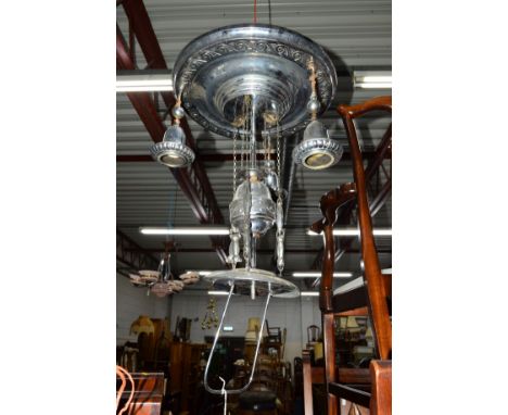A 20TH CENTURY STAINLESS STEEL CEILING LIGHT with rise and fall mechanism