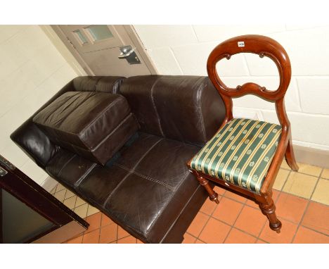 A SET OF FOUR MAHOGANY BALLOON BACK CHAIRS, a leather corner sofa and pouffe (6)