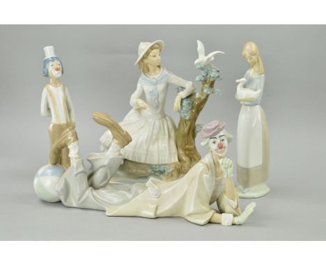 FOUR VARIOUS FIGURES to include Lladro Clown, No 4618 (front arm reglued), a Cascades Clown, and two Nao figures, seated girl