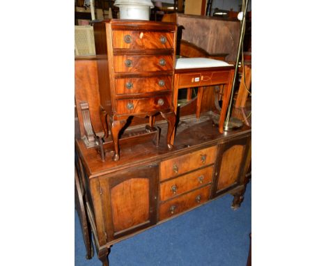 AN EDWARDIAN MAHOGANY PIANO STOOL, a small reproduction mahogany chest of four drawers on cabriole legs and an oak hall table
