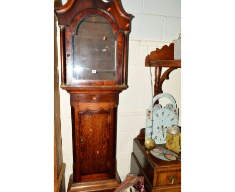 A GEORGE III OAK AND MAHOGANY BANDED SATINWOOD INLAID LONGCASE CLOCK, 8 day movement, dismantled painted clock face, with Rom