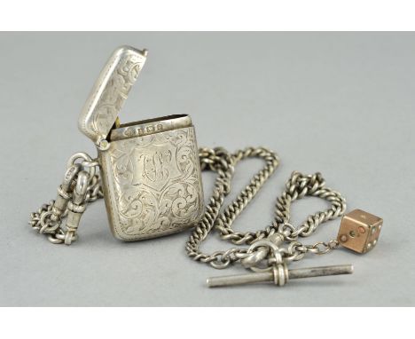 AN EDWARDIAN SILVER VESTA CASE AND ALBERT CHAIN, the vesta case engraved with scrolling acanthus leaf decoration and central 