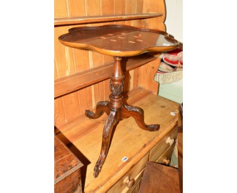 A REPRODUCTION TRIPOD TABLE with a wavy edge, together with a mahogany drop leaf occasional table (2)