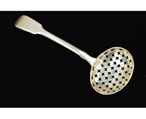 AN EARLY VICTORIAN SILVER SIFTER LADLE, the bowl pierced with cross designs with Fiddle pattern handle, hallmarked Birmingham