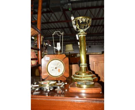 AN ART DECO WALNUT BAROMETER by Short & Mason, London, two other barometers, a 20th Century brass stand and two various wall 