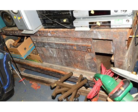 A VINTAGE 6FT WOOD BENCH WITH LEG VICE, sliding doors covering drawer