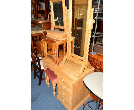 A PINE DRESSING TABLE with three drawers, separate swing mirror, stool, nest of three tables and a cheval mirror (5)