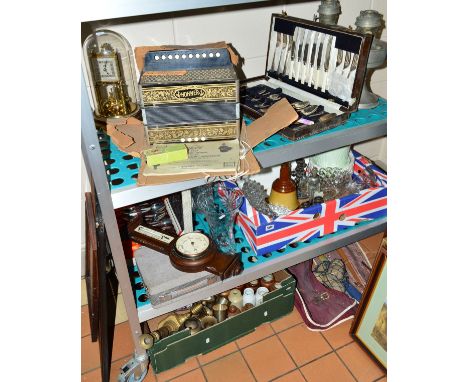 TWO BOXES AND QUANTITY LOOSE SUNDRY ITEMS, to include Hohner accordian, cased cutlery, Schatz Anniversary clock, boxed 'The H