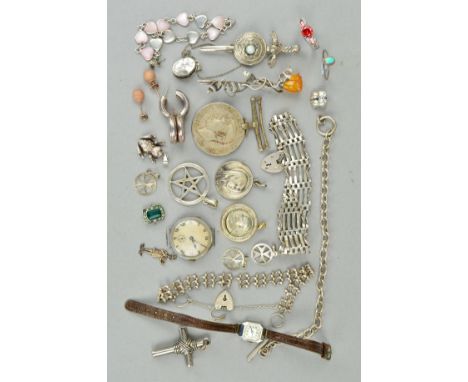 A SELECTION  OF SILVER AND WHITE METAL JEWELLERY, to include two gate bracelets, a Pandora double cat charm, a watch head and