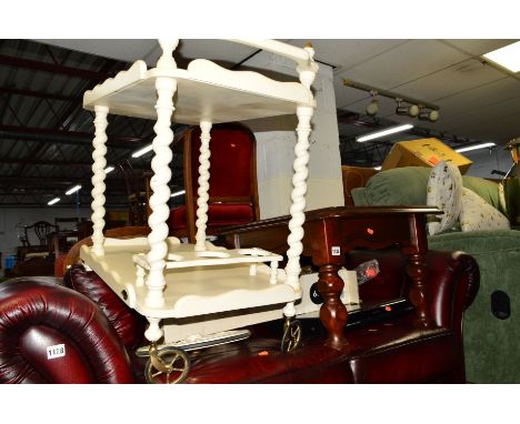 A MAHOGANY COFFEE TABLE, painted trolley, Panasonic dvd recorder and a boxed workmate (4)