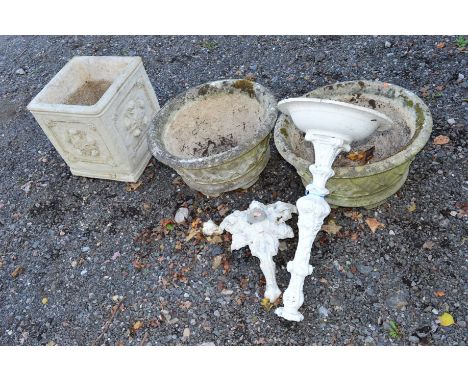 A CAST ALUMINIUM BIRD BATH, (sd) two composite round plant pots and a square planter (4)