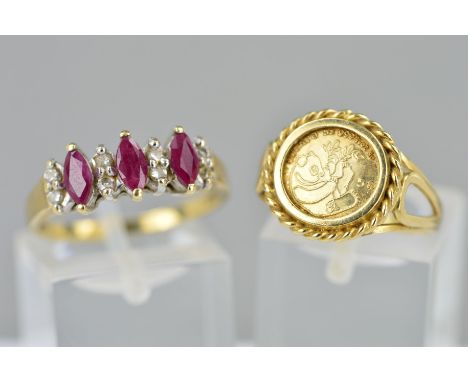 TWO RINGS, the first a 9ct gold ruby and diamond ring designed as three marquise shape rubies each interspaced by two brillia
