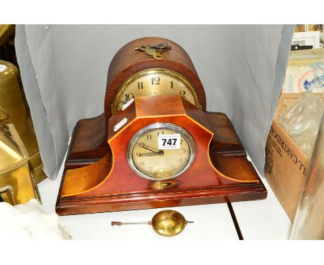 AN EDWARDIAN MAHOGANY STAINED MANTEL CLOCK, eight day movement, together with an oak dome top mantel clock, gong strike, with
