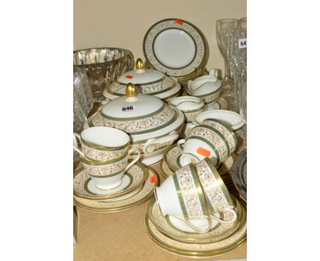 MINTON 'ARAGON' A SIX PLACE TEA SET AND DINNERWARES to include tureens, side plates and dinner plates, (35 pieces) (light sur