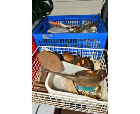 TWO TRAYS OF TOOLS, stair rods, precision oilers, etc