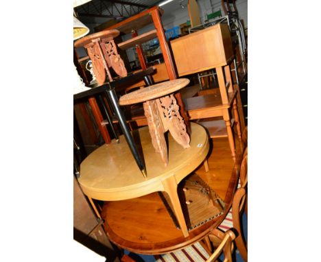 A LIGHT OAK CIRCULAR COFFEE TABLE, a pine coffee table, a Singer Sewing machine, a telephone table, a half moon table, two ca
