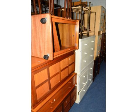 FIVE MODERN PIECES OF BEDROOM FURNITURE, a teak side cabinet, a fall front cabinet, a hi fi cabinet, a beech draw leaf table,