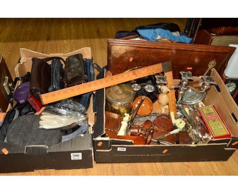 TWO BOXES AND LOOSE SUNDRY ITEMS, to include silver plate and treen, cutlery and flatware, biscuit barrel, corkscrew, handbag