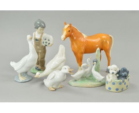 A GROUP OF SIX NAO FIGURES, to include ducks, boy with football, basket with dogs etc and a Beswick Arab 'Bahram', palomino N