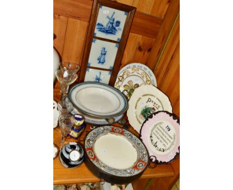 A CARLTON WARE GUINNESS PLATE WITH PINK LUSTRE BORDER, three late Victorian plate warmers, two late 18th/early 19th Century e