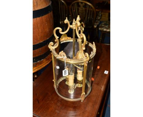 A 20TH CENTURY BRASS CYLINDRICAL CEILING LIGHT, approximate diameter 21.5cm x height 44cm