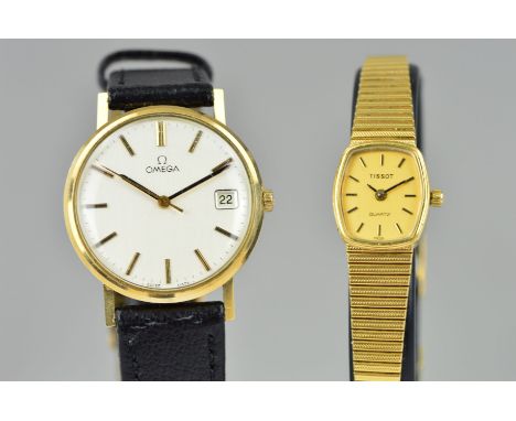A TISSOT AND AN OMEGA WRISTWATCH, the lady's Tissot watch with hexagonal dial, baton four markers and tapered metal strap, wi