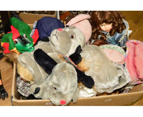 A BOX OF MODERN BISQUE HEAD COLLECTORS DOLLS, modern 'Sweep' hand puppets, etc