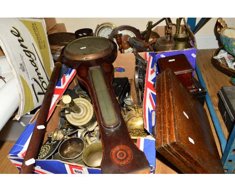 TWO BOXES AND LOOSE METAL WARES AND SUNDRIES to include two bottle jacks, horse brasses, copper kettle, banjo barometer (in n