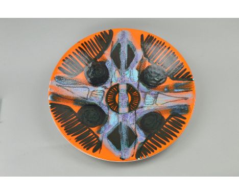 A POOLE POTTERY DELPHIS STUDIO CHARGER, abstract design on orange ground, shape 54, diameter 41cm