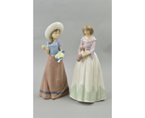 TWO LARGE NAO FIGURES, 'Young Spring' No 1293, approximate height 32cm and another, girl with dog, approximate height 31.5cm 