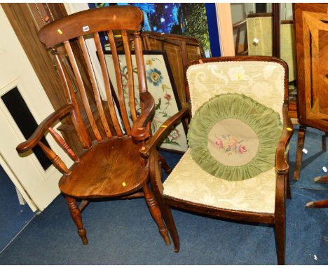 A GEORGIAN ELM STICK BACK WINDSOR ARMCHAIR, together with another armchair (2)