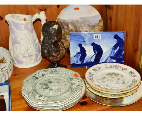 A GROUP OF CERAMICS, to include two Derby plates with scenes by Statham, rectangular blue and white tile depicting fishermen,